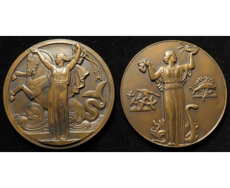 French Art Deco Medals (2) bronze d.68mm: 'Normandie', Transatlantic French Line, Le Havre to New York 1935 by Jean Vernon, a