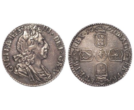 Sixpence 1697 third bust, late harp, small crowns, S.3542, toned GVF