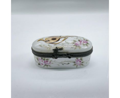Hand painted square porcelain treasure box with darkened bronze metal hinged hardware featuring a lovely image of a mandolin,