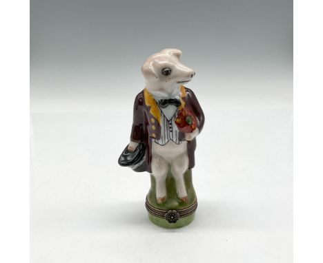 Hand painted, glossy figure dressed in high style, bow tie holding his hat and flowers. Metal hinged banding around box. Limo