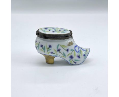 Hand painted porcelain treasure box with bronze tone hinged hardware modelled as a shoe with purple/blue flowers and a golden