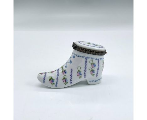 Hand painted porcelain treasure box with bronze tone hinged hardware modelled as a shoe with pink flowers and blue accents. D