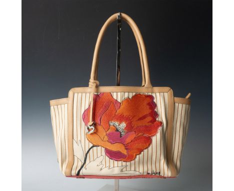Cream with brown stripes canvas handbag with tan leather trim and a large orange and pink flower on the front. Interior with 