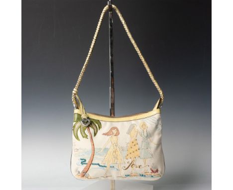 Cream canvas with pale yellow leather trim and shoulder strap decorated with an image of three ladies on the seashore. Interi