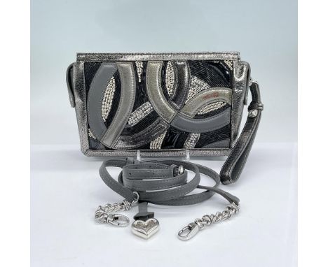 Grey leather handbag decorated with clear rhinestones, black cylindrical and silvertone beads. Interior middle zipped section
