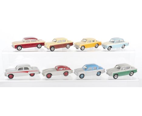 Eight Unboxed Dinky Toys Cars, including:176 Austin A105, grey/red flash, 165 Humber Hawk,166 Sunbeam Rapier,168 Singer Gazel