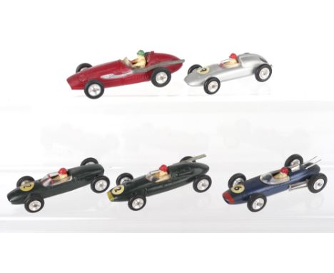 Five unboxed Solido Diecast Racing cars 1/43 scale, circa 1960’s including: Maserati 250, Cooper 1500, Porsche F11, Lola Clim