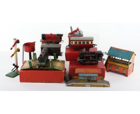 Hornby Trains 0 gauge locomotives and accessories, boxed 0-4-0 tank engine BR black, No.1 Level crossing, No.51 Coach, loose 