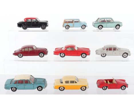 Nine Dinky toys, two 195 Jaguar 3.4’s maroon/grey, 185 Alfa Romeo Coupe red, 166 Sunbeam Rapier cream/yellow, 112 Austin Heal