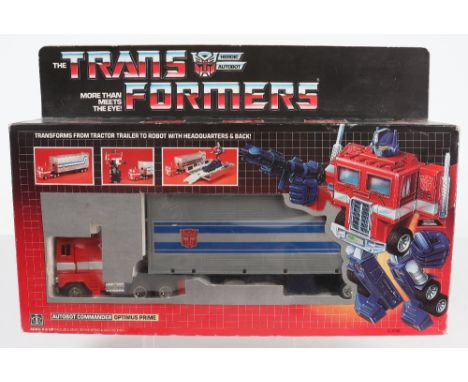 Boxed Hasbro G1 Transformers Autobot Commander Optimus Prime, 1984 issue, transforms from tractor trailer to robot with headq