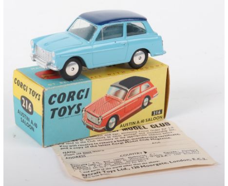 Corgi Toys boxed 216 Austin A.40 Saloon, light blue with dark blue roof, smooth hubs, boxed with Corgi club leaflet, excellen