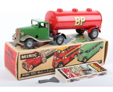 Boxed Triang Minic Post War 31M Mechanical Horse &amp; BP Fuel Oil trailer, green cab, crome wings (tarnished) red tanker, in