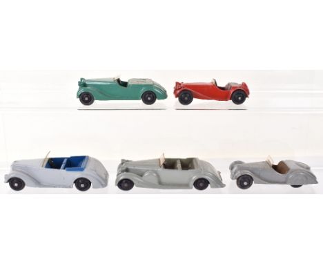 Five Dinky Toys 38 series Coupes, 38a Frazer Nash BMW sports car, grey body, fawn seats, black smooth wheel hubs, 38b Sunbeam