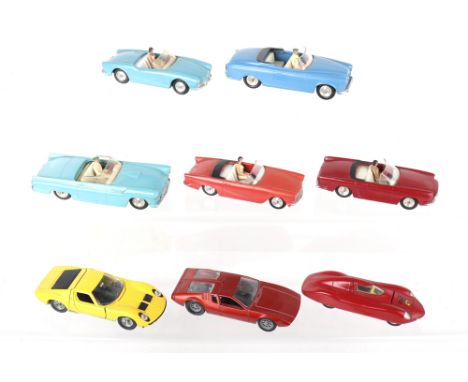 Eight unboxed Solido Diecast Cars 1/43 scale, circa 1960’s including: Ford Thunderbird cabriolet, turquoise, Peugeot 403 cabr