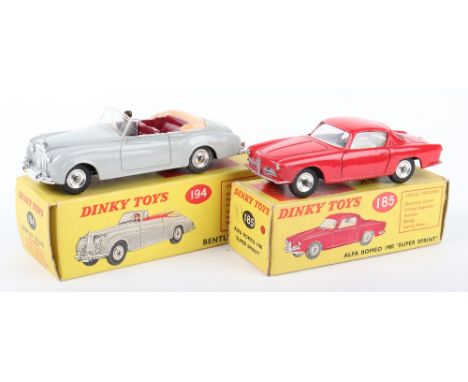 Two Boxed Dinky Toys, 194 Bentley Coupe, grey body, maroon seats, tan tonneau, with driver, spun wheels and 185 Alfa Romeo 19