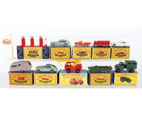 Eight  Boxed Matchbox Moko Lesney Regular Wheel Models, No 1 Accessory Pack, Esso petrol pump and sign,11a Road tanker, red b