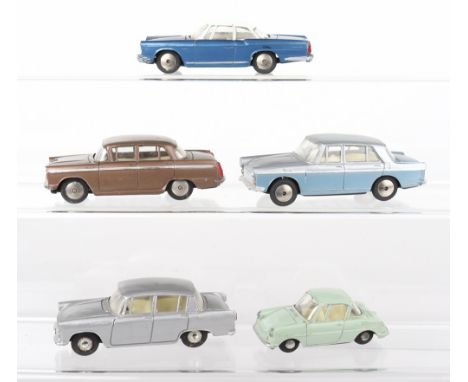 Five Model Pet Asahi Toy Company (Japan) Diecast Models,No.7 Toyopet Corona, silver body,No.10 Nissan Cedric, metallic brown,