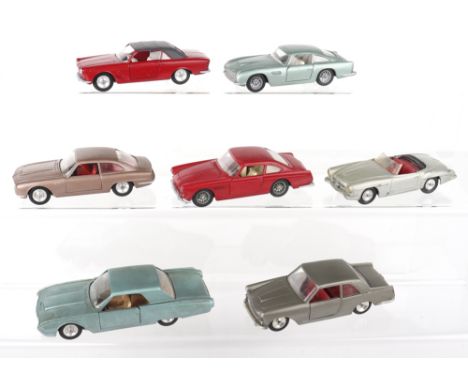 Seven unboxed Solido Diecast Cars 1/43 scale, circa 1960’s including: Ford Thunderbird, metallic blue, Ferrari GT 2+2, red, F