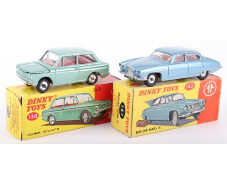 Two Boxed Dinky Toys, 138 Hillman Imp metallic light green, red interior, spun wheels 9missing suitcase) and 142 Jaguar Mark 