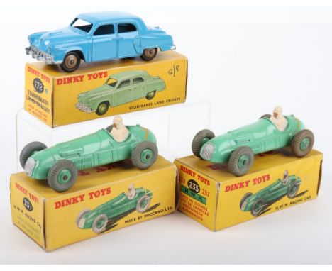 Three Boxed Dinky Toys, 23J H.W.M. Racing Car, light green body/wheel hubs no.7, white driver, 235 23J H.W.M. Racing Car, lig