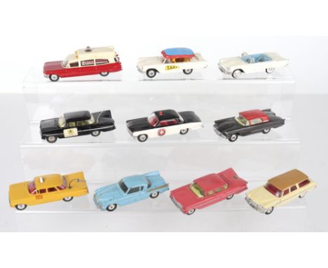 Ten Original Unboxed  Corgi Toys USA Vehicles, including: 211 Studebaker Golden Hawk, blue, gold rear wing flashes, flat spun