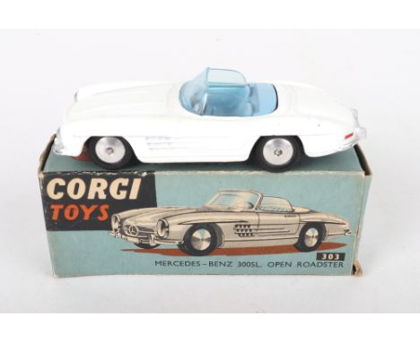 Corgi Toys  303 Mercedes Benz 300SL Open Roadster, white body, blue interior, flat spun wheel hubs, in mint original conditio