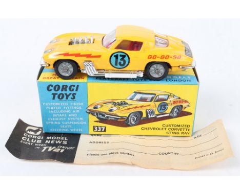 Corgi Toys 337 Customised Chevrolet Corvette Stingray, yellow body, red interior, cast wheels, in mint boxed condition, chrom