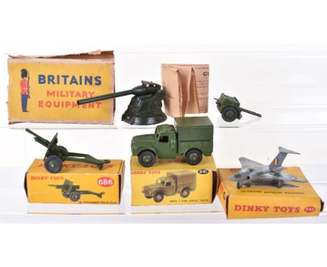 Three Boxed Dinky Toys, 641 Army 1-Ton cargo truck, military green, 686 25-pounder field gun, 735 Gloster Javelin Fighter, un