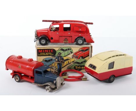 Triang Minic 62M Tinplate Fire Engine, red body, with bell, ladder, with working clockwork motor, missing key plus a Corgi Na