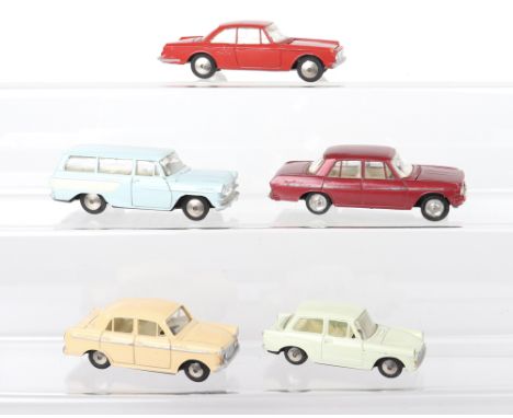Five Model Pet Asahi Toy Company (Japan) Diecast Models,No.2 Toyopet Masterline Estate car, pale blue, No.5 Datsun Bluebird, 