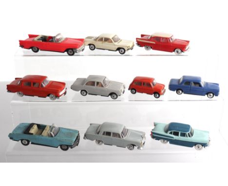 Ten Norev (France) Plastic Model Cars,1/43 scale including: No.43 Ford Taunus 17M, 2 x Chrysler New Yorker, No.69 Chevrolet C