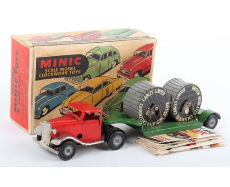 Boxed Triang Minic 73M Mechanical Horse &amp; Cable Trailer,red cab, green trailer,with two plastic BICC cable drums, in good
