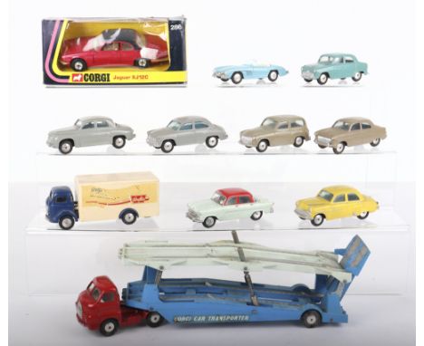 Ten Original Vintage Unboxed Corgi Toys including: 200 Ford Consul, 201 Austin Cambridge, 202 Morris Cowley, 203 Vauxhall Vel