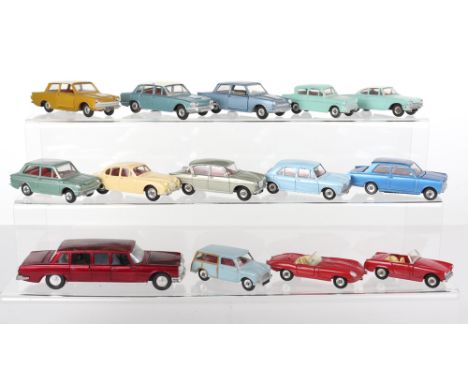 Quantity of Unboxed Dinky Toys Cars, including:112 Austin Healey Sprite,120 Jaguar E Type (missing soft tops) 128 Mercedes Be