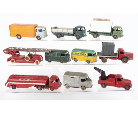 Unboxed French Dinky Toys Commercial Vehicles, including:32D Delahaye Fire Engine,34B Berliet Flat Truck with container,33A S