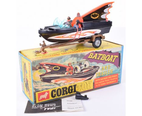 Corgi Toys 107 Batboat And Trailer, 1st issue with tinplate fin cover, complete with Batman &amp; Robin figures, gold trailer