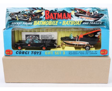 Boxed Corgi Toys Gift Set 3 Batmobile and Batboat, 1st version contains 267 Batmobile black gloss body, red bat hubs, blue ti