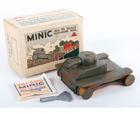 Scarce Boxed Triang Minic 20M Pre War Light Tank, camouflaged tinplate, working clockwork motor, wooden wheels, replacement t
