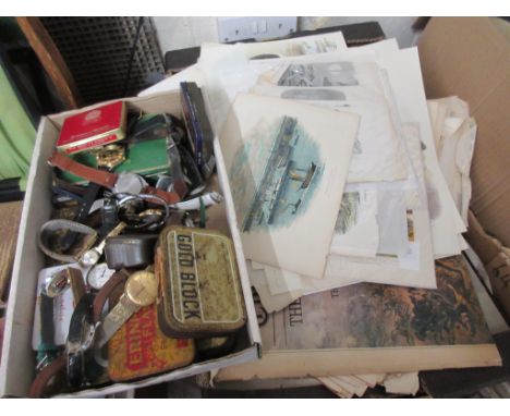 BOX CONTAINING EPHEMERA INCLUDING 19TH CENTURY PRINTS ETC AND A BOX CONTAINING QUANTITY OF WRIST WATCHES ETC 