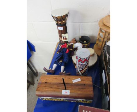 QUANTITY OF COLLECTIBLES INCLUDING VINTAGE PELHAM TYPE PUPPET OF A PIRATE TOGETHER WITH PERCUSSION INSTRUMENTS 
