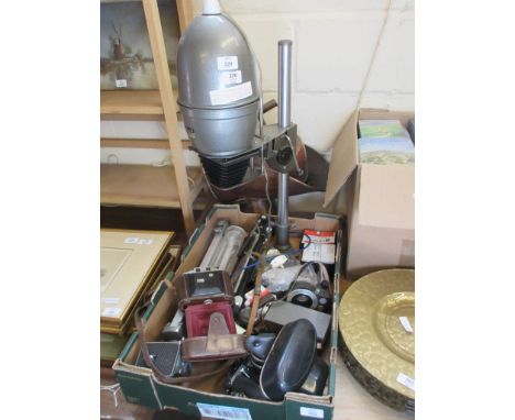 BOX OF VARIOUS PHOTOGRAPHIC EQUIPMENT INCLUDING A VINTAGE GNOME  BETA II  ENLARGER, ENSIGN FOLDING CAMERA, PRAKTICA SLR BODY 
