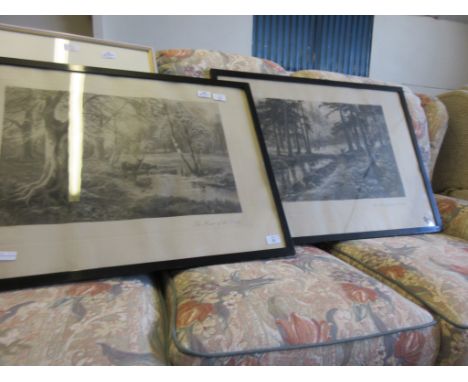 TWO FRAMED PRINTS AFTER G WILLOUGHBY, THE HOME OF THE DEER AND THE KINGFISHERS HAUNT, EACH APPROX IMAGE SIZE 40 X 58CM 