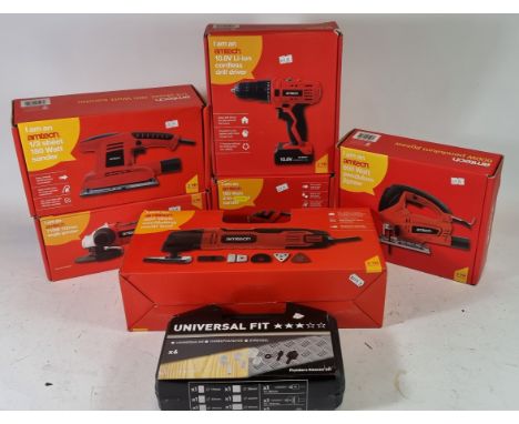 Six Amtech power tools, new old stock, to include a 10.8V li-ion cordless driver, a 600W pendulum jigsaw, a 180W sander, a 28