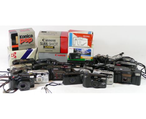 Thirty five 35mm compact cameras, to include Mamiya U (boxed with manuals), a Canon Sureshot supreme (boxed), a Olympus Super