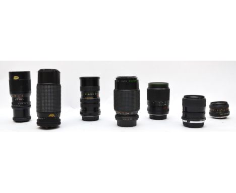A collection of seven camera lenses, to include a Makinon 80mm-200mm f4.5, cased, a Mirage MKII 135mm f2.8, a Chinon 50mm f1.
