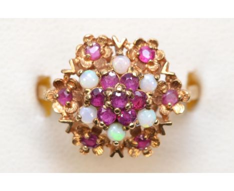 A vintage 9ct gold opal and ruby cluster ring, N, 3.4gm 