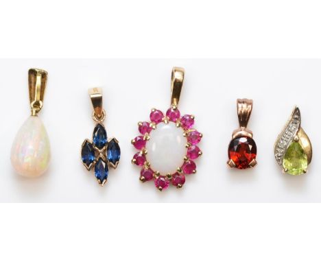 Five 9ct gold mounted pendants, opal drop, 10mm, opal and ruby, garnet, sapphire and peridot, 3.6gm 