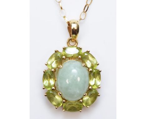 A 9ct gold jade and peridot pendant, 16 x 15mm, chain 