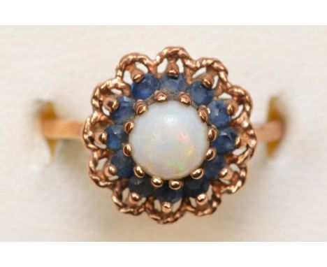 A 9ct gold sapphire and opal cluster ring, K 1/2, 3gm 