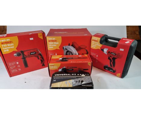 Five Amtech power tools, new old stock, to include a 1300W circular saw, a 18V Li-ion cordless impact driver, a 710W power dr